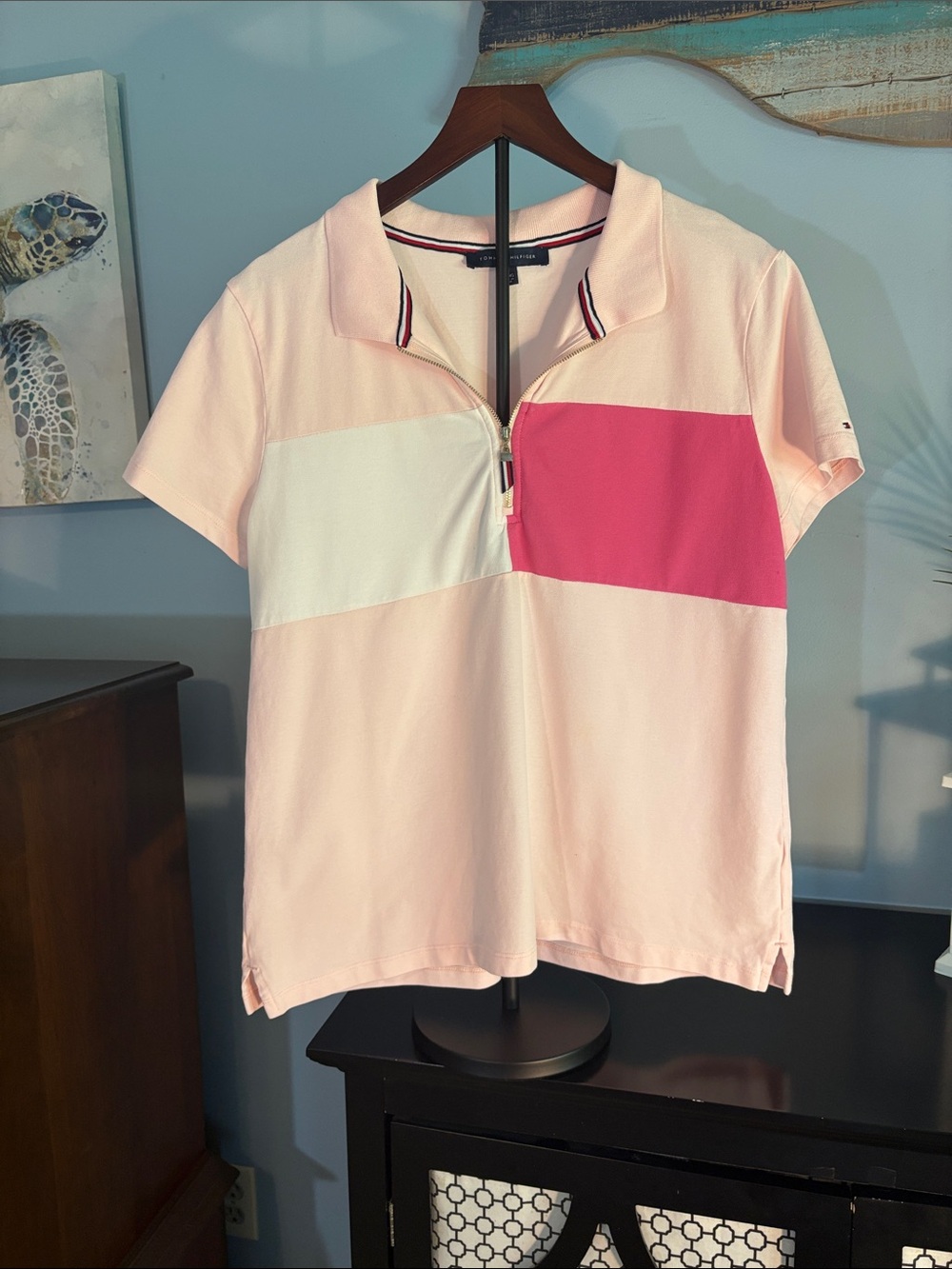 Tommy Hilfiger Light Pink White and Hot Pink Zip Polo Top
